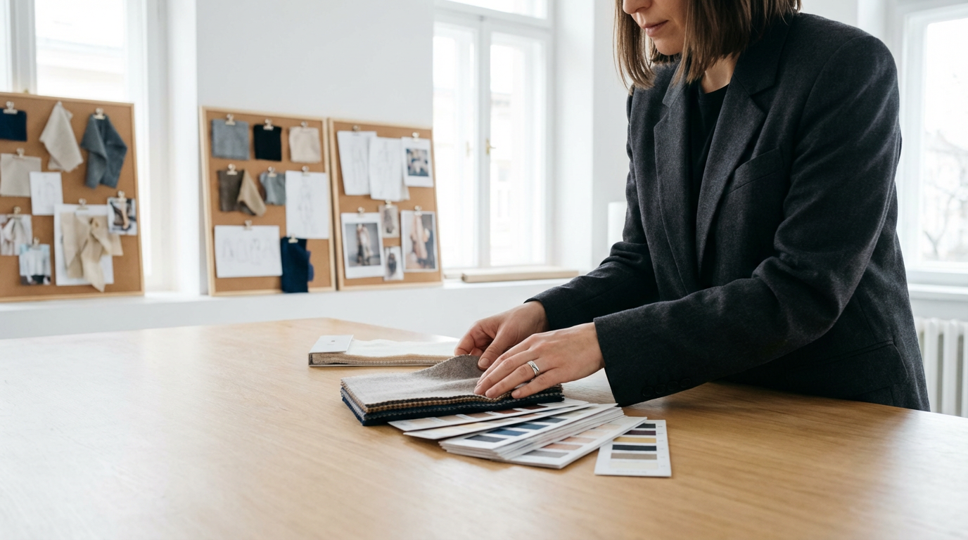 Diseñadora de moda revisando muestras de tela en estudio