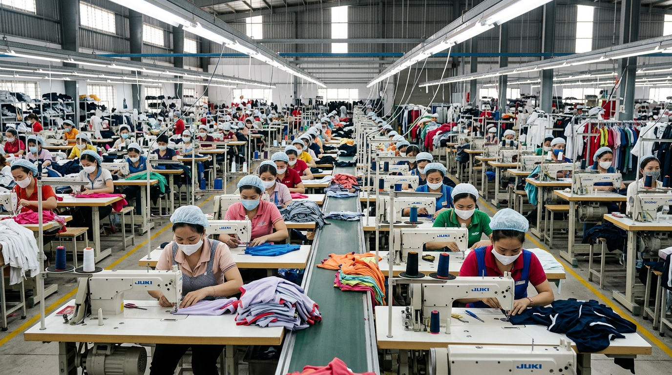 Taller de manufactura de ropa con máquinas de coser industriales